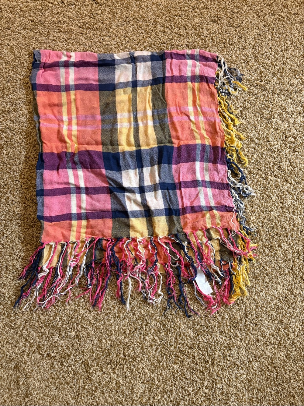 H&M Divided Multicolor Plaid Fringe Scarf Wrap Pink Yellow Navy